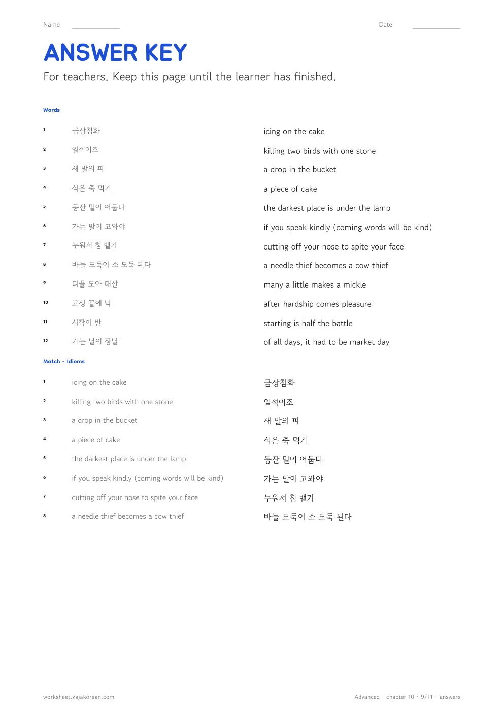 Idioms and Proverbs — answer key