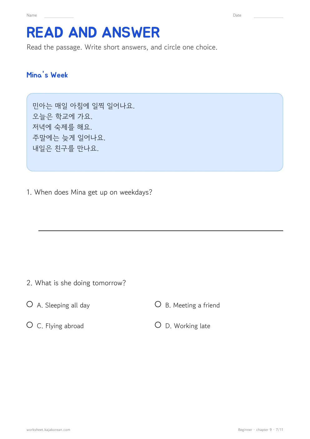 Today and Time of Day worksheet
