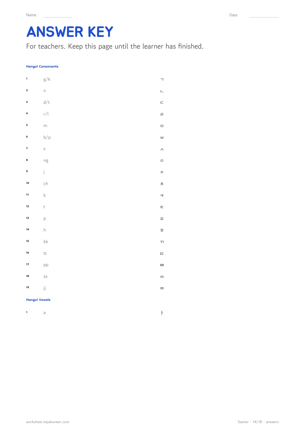 Hangul practice sheets — answer key