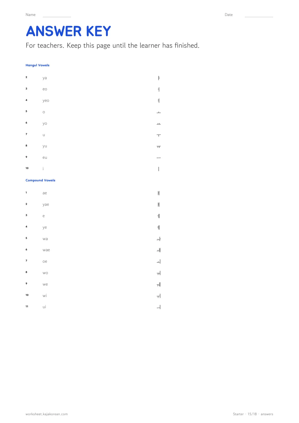 Hangul practice sheets — answer key