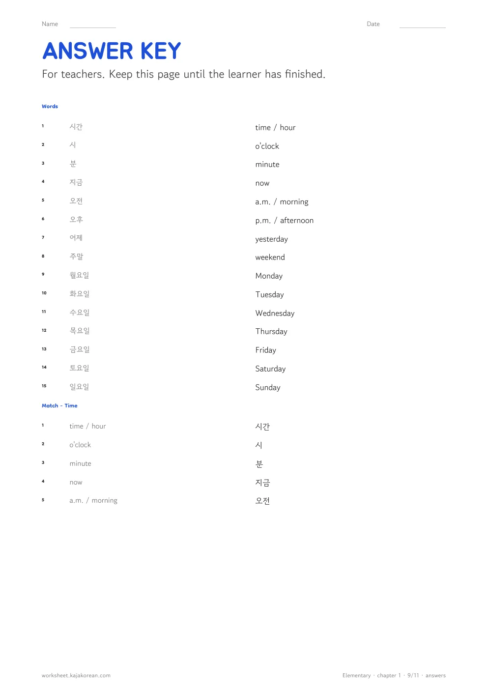Telling Time — answer key