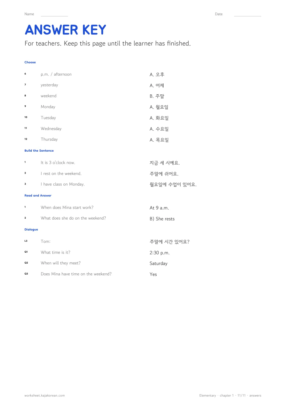 Telling Time — answer key