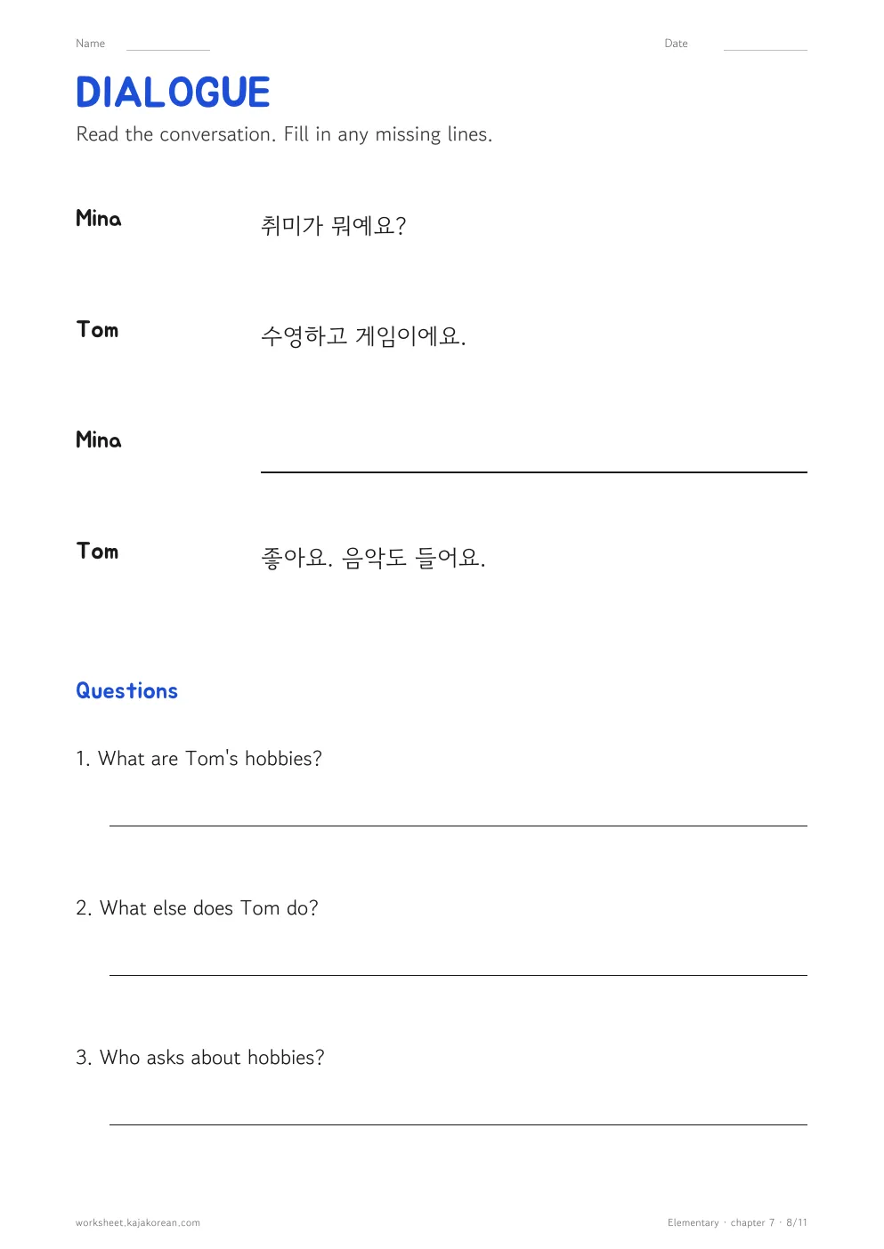 Hobbies worksheet