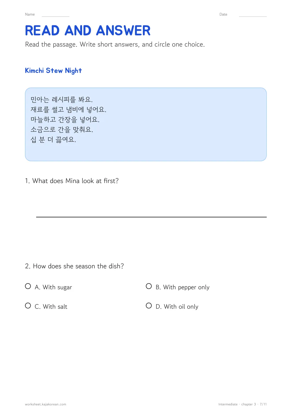 Cooking worksheet