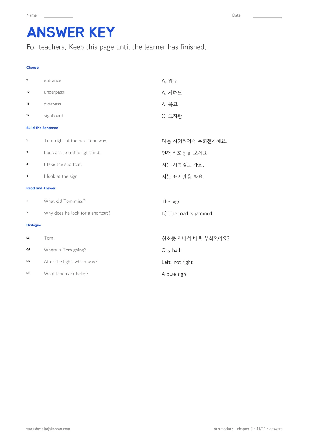 Giving Directions — answer key